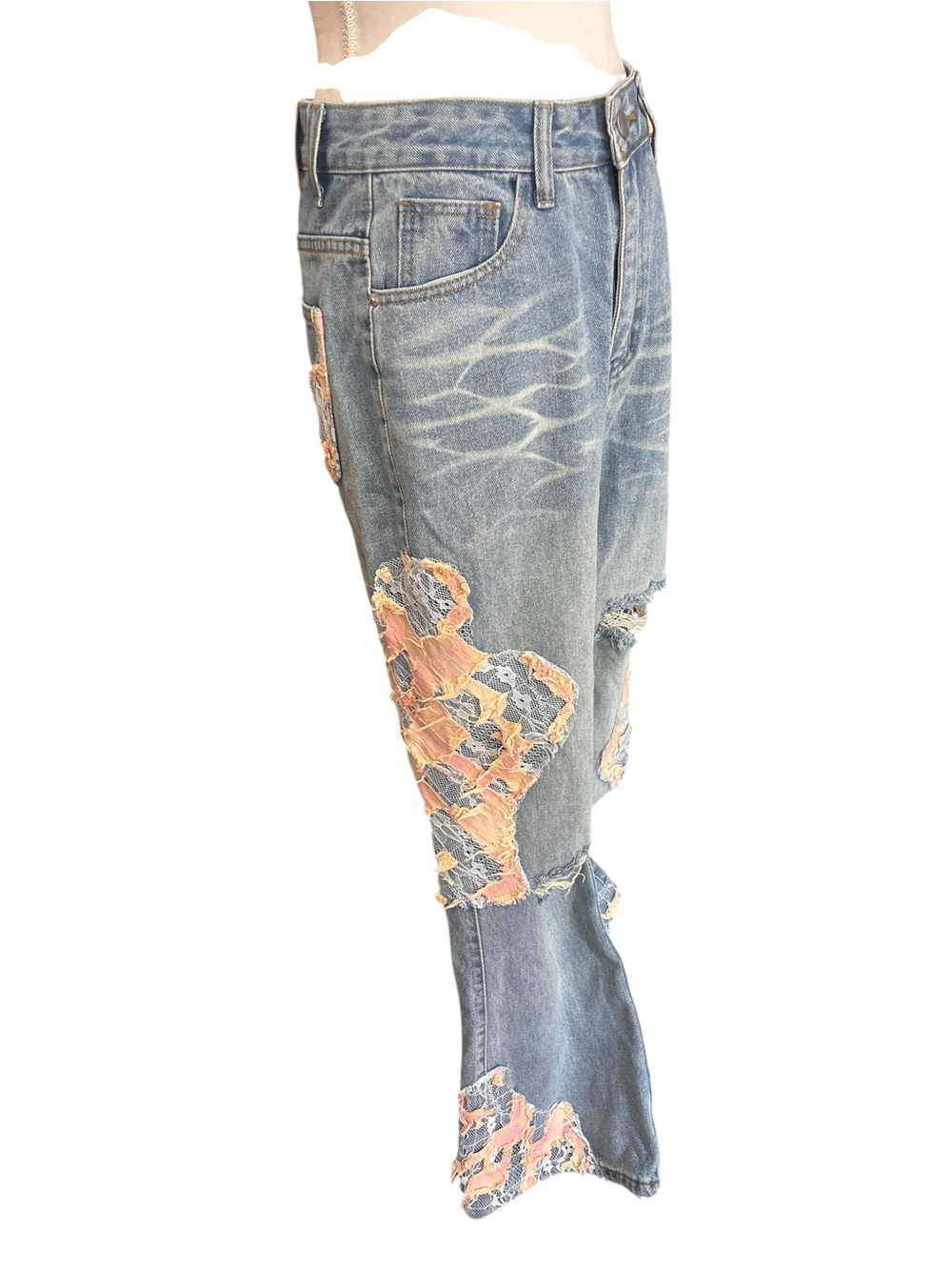 Aelfric Eden Distressed Lace Patchwork Baggy Wide Leg Jeans Size 29 NWT - Picture 9 of 15